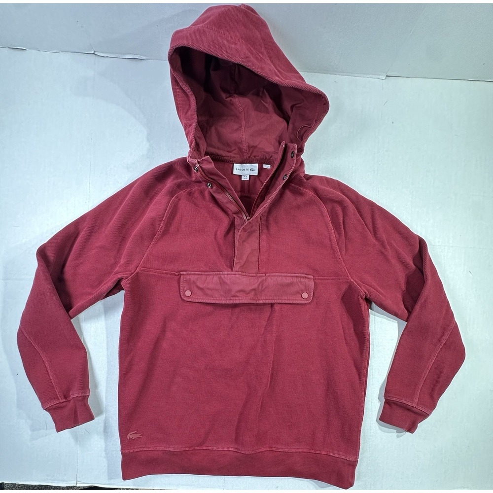Lacoste Hooded Pullover Sweatshirt‎ Burgundy Red Snap Button Pocket Casual M